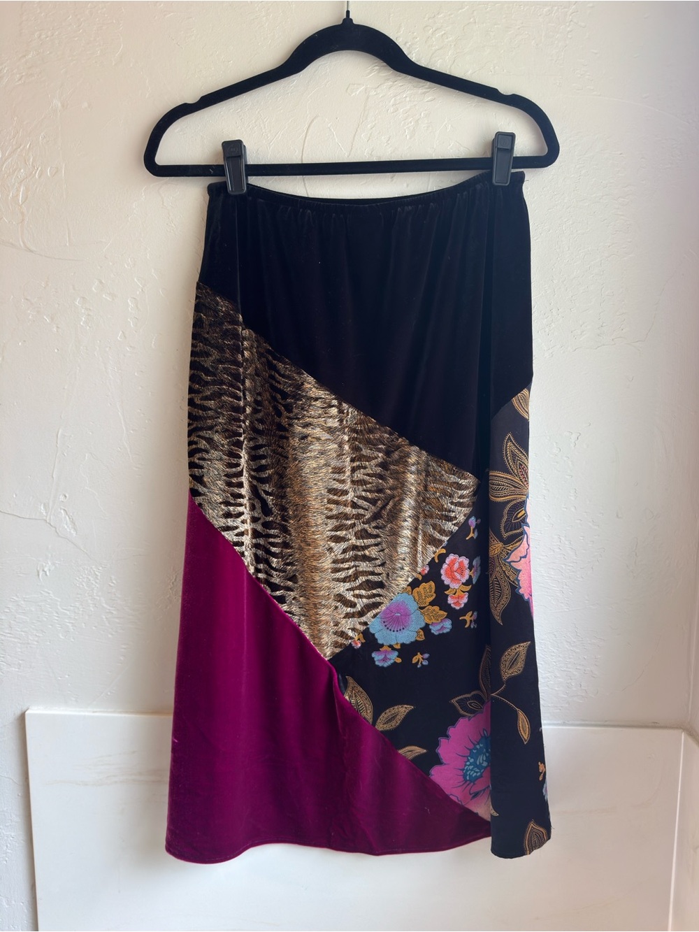 Vintage - 90’s - Patchwork Velvet Midi Skirt - Black, Floral, Animal Print